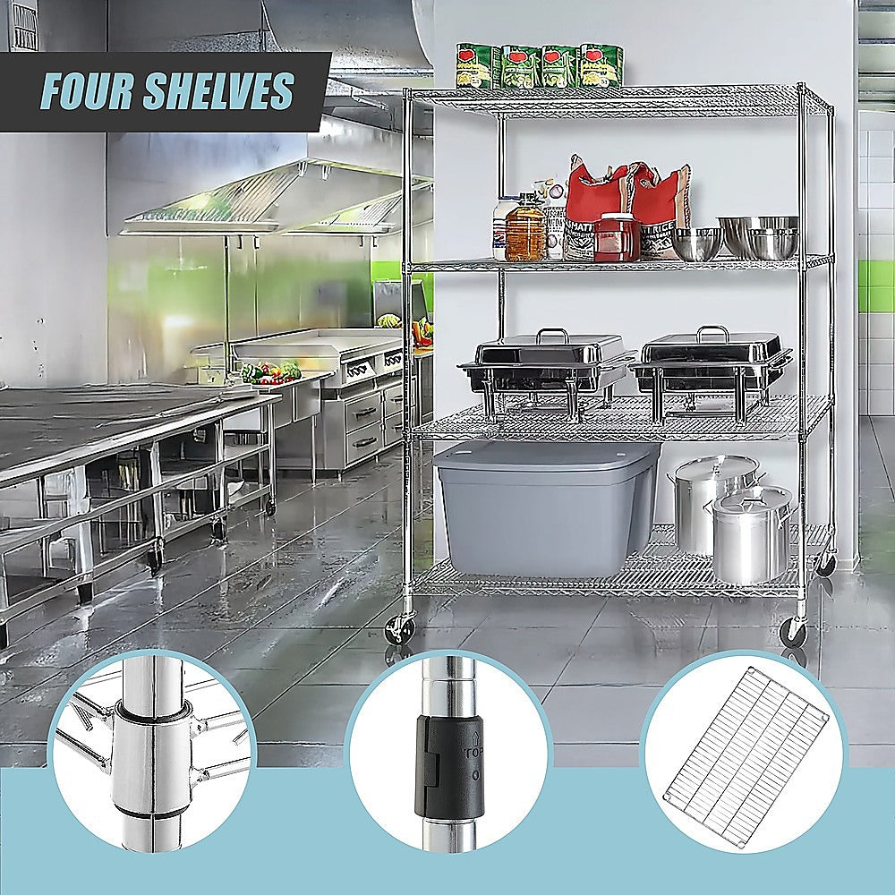 Modular Wire Storage 150x35cm Steel Shelving Chrome With Wheels For Garage Warehouse Or Kitchen Organisation