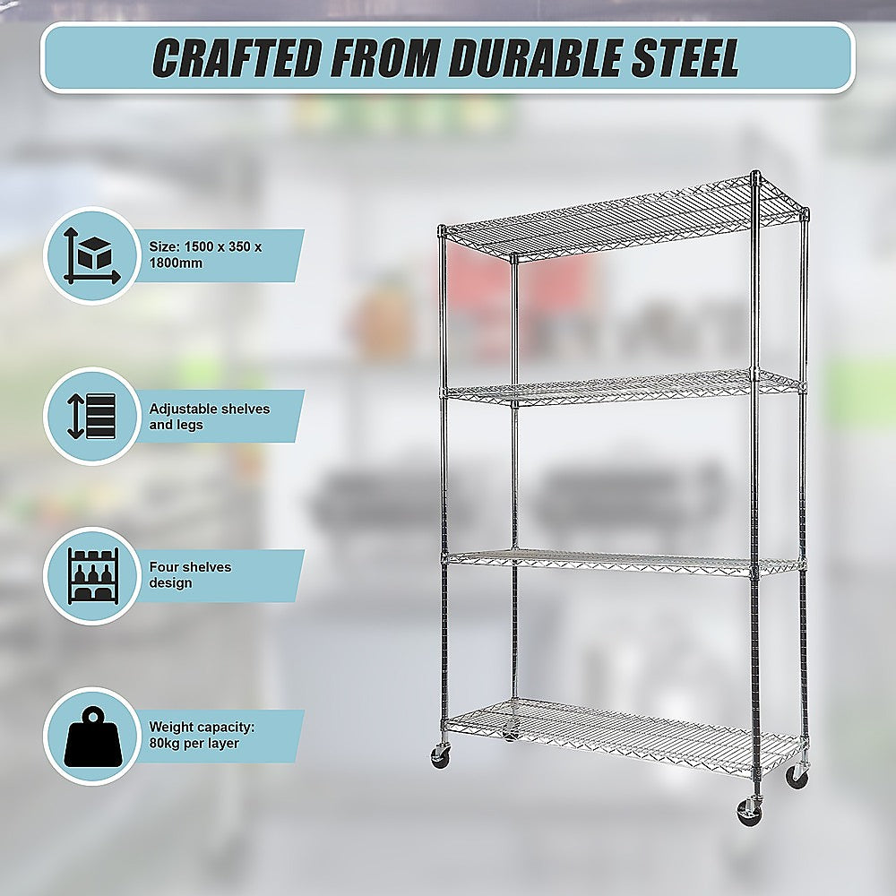 Modular Wire Storage 150x35cm Steel Shelving Chrome With Wheels For Garage Warehouse Or Kitchen Organisation