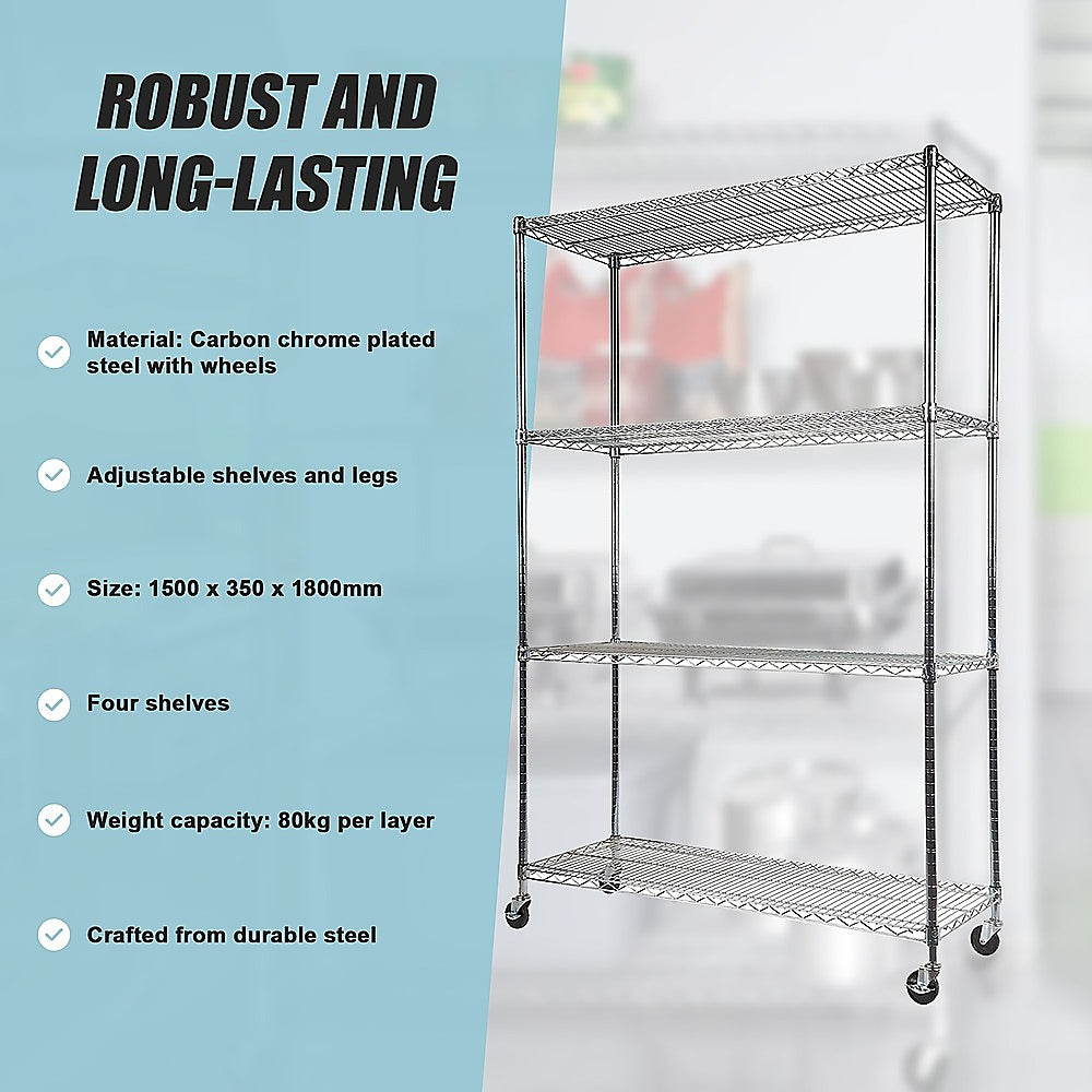 Modular Wire Storage 150x35cm Steel Shelving Chrome With Wheels For Garage Warehouse Or Kitchen Organisation