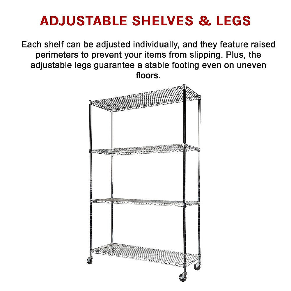 Modular Wire Storage 150x35cm Steel Shelving Chrome With Wheels For Garage Warehouse Or Kitchen Organisation