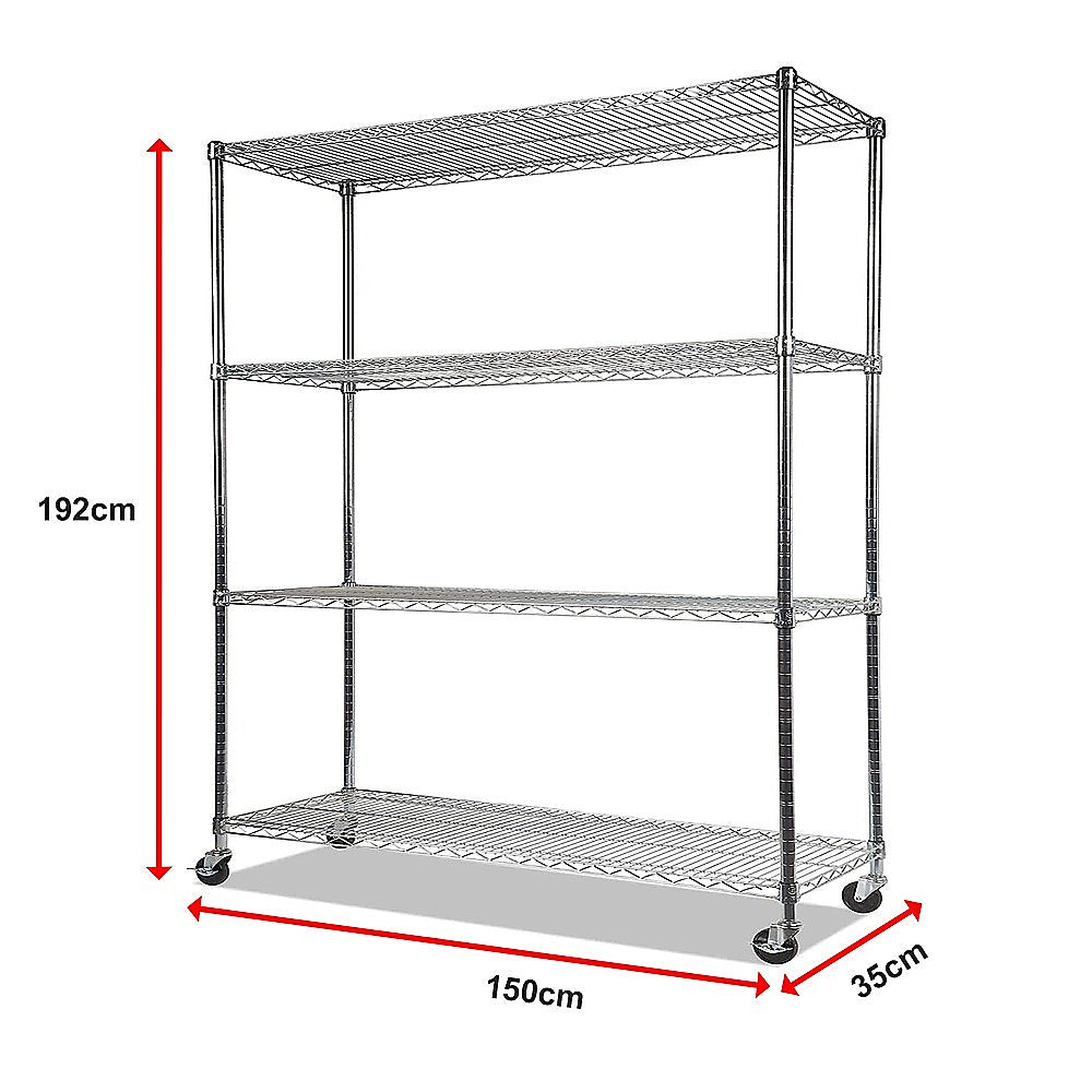 Modular Wire Storage 150x35cm Steel Shelving Chrome With Wheels For Garage Warehouse Or Kitchen Organisation