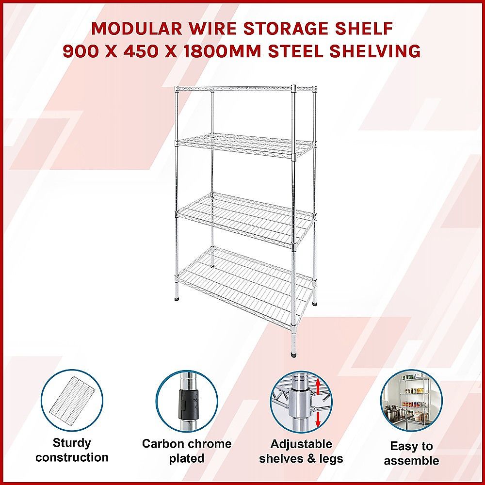 Modular Wire Storage 90x45cm Steel Shelving Chrome With Fixed Legs For Garage Warehouse Or Kitchen Organisation