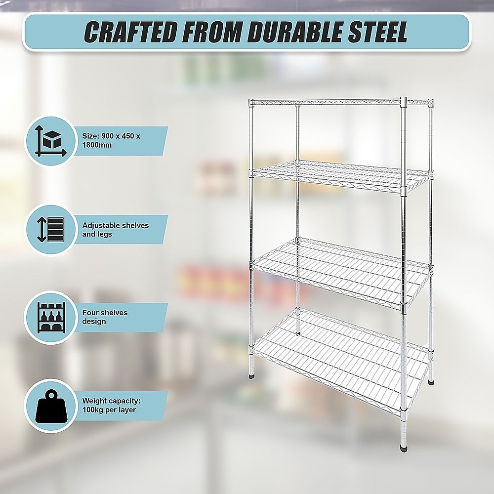 Modular Wire Storage 90x45cm Steel Shelving Chrome With Fixed Legs For Garage Warehouse Or Kitchen Organisation