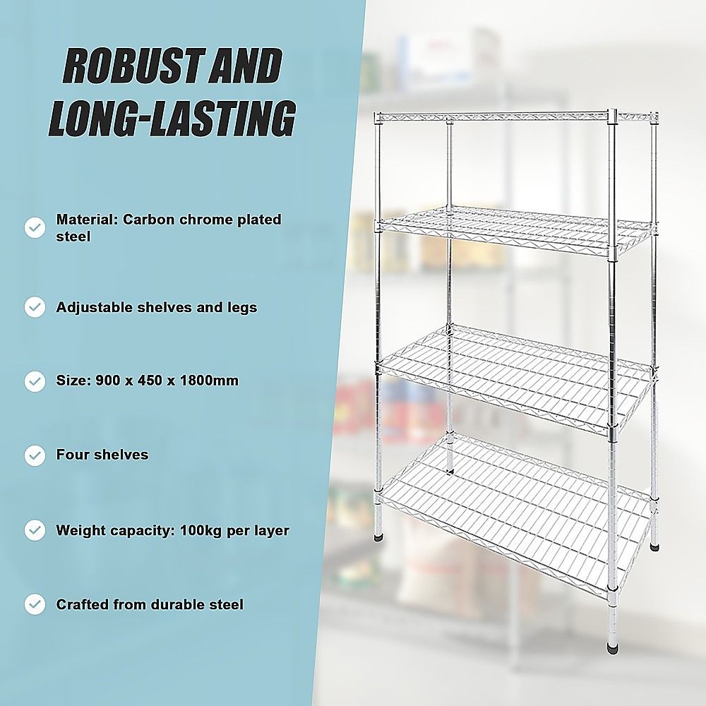 Modular Wire Storage 90x45cm Steel Shelving Chrome With Fixed Legs For Garage Warehouse Or Kitchen Organisation