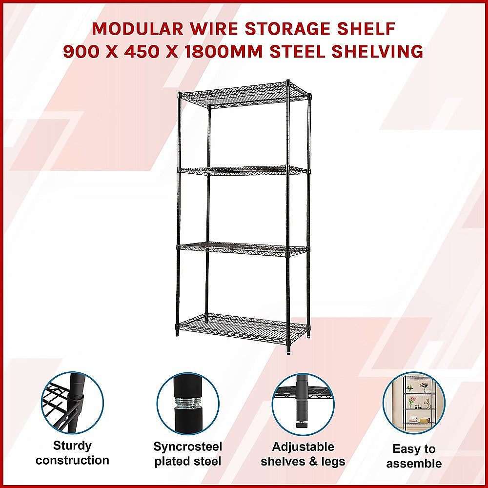 Modular Wire Storage 90x45cm Steel Shelving Black With Fixed Legs For Garage Warehouse Or Kitchen Organisation