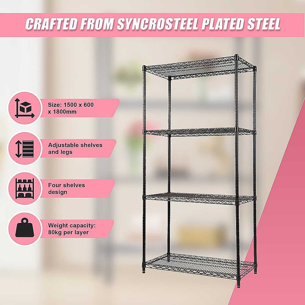 Modular Wire Storage 90x45cm Steel Shelving Black With Fixed Legs For Garage Warehouse Or Kitchen Organisation