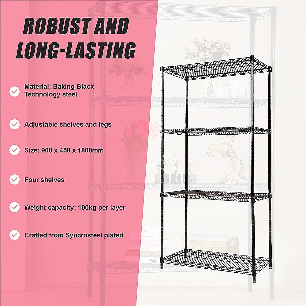 Modular Wire Storage 90x45cm Steel Shelving Black With Fixed Legs For Garage Warehouse Or Kitchen Organisation