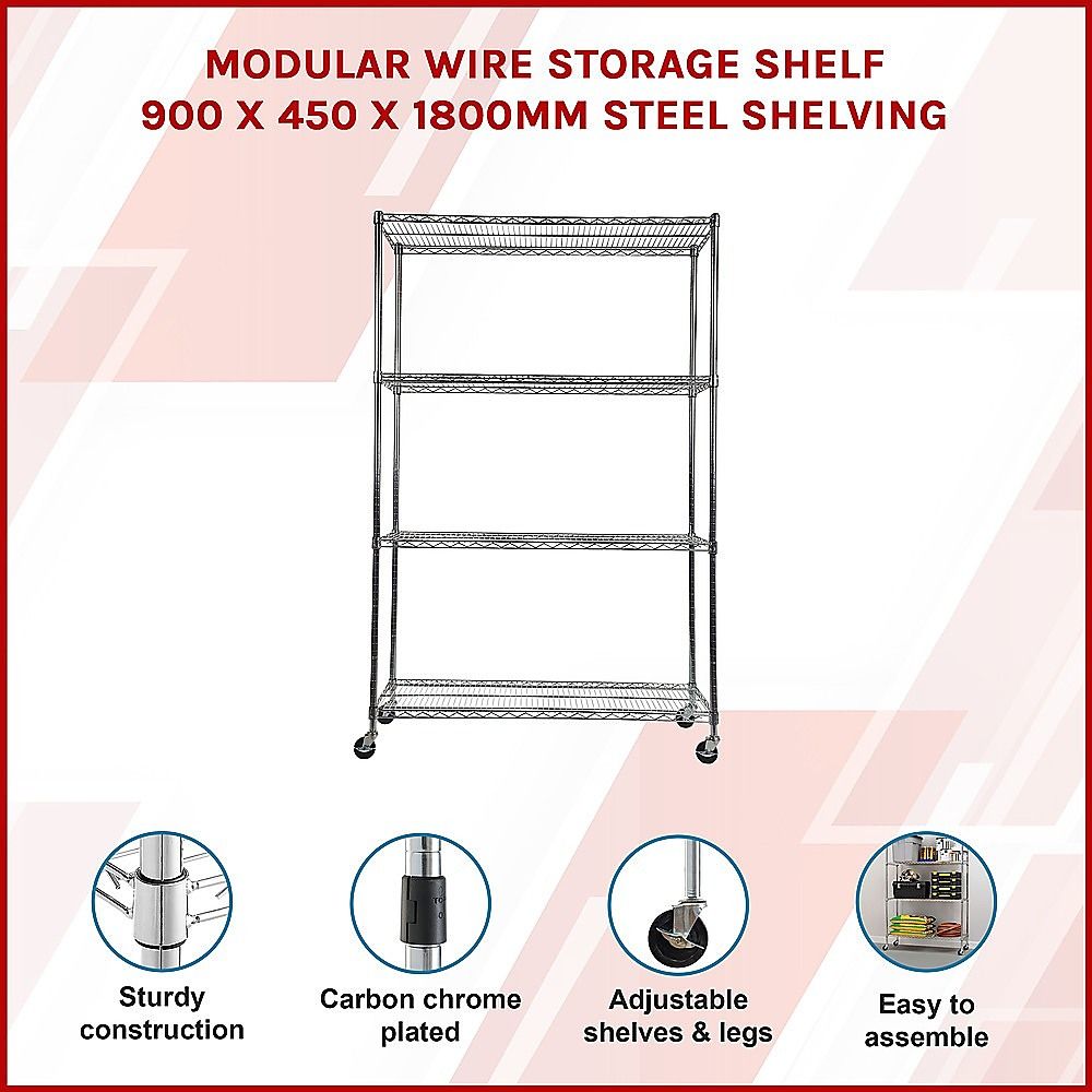 Modular Wire Storage 90x45cm Steel Shelving Chrome With Wheels For Garage Warehouse Or Kitchen Organisation