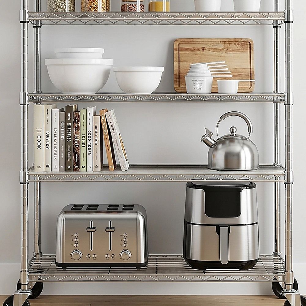 Modular Wire Storage 90x45cm Steel Shelving Chrome With Wheels For Garage Warehouse Or Kitchen Organisation
