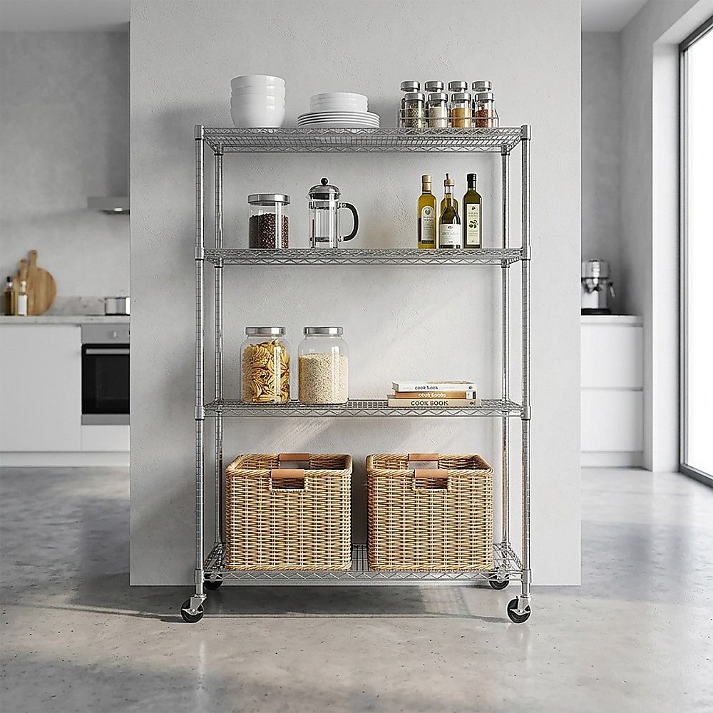 Modular Wire Storage 90x45cm Steel Shelving Chrome With Wheels For Garage Warehouse Or Kitchen Organisation