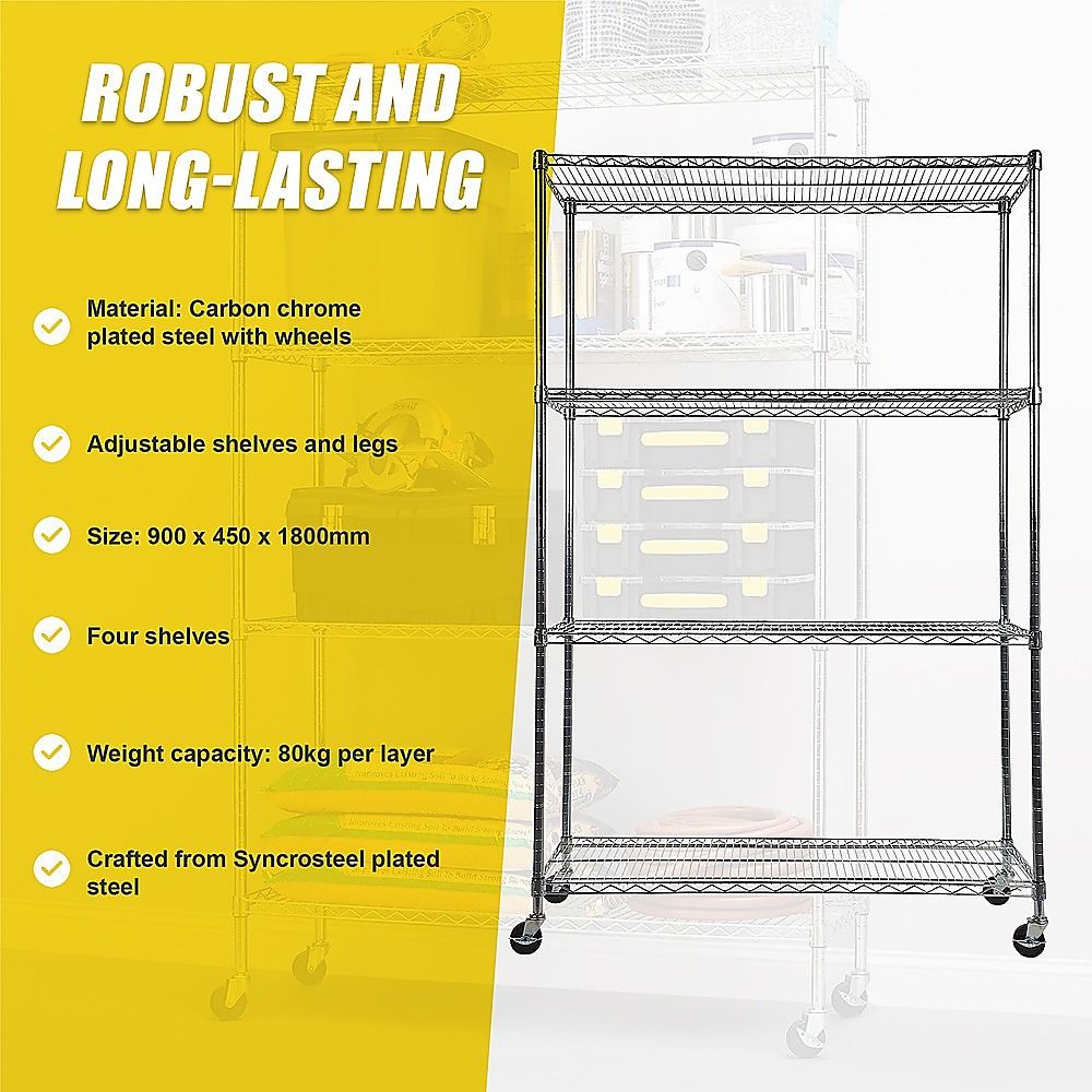 Modular Wire Storage 90x45cm Steel Shelving Chrome With Wheels For Garage Warehouse Or Kitchen Organisation