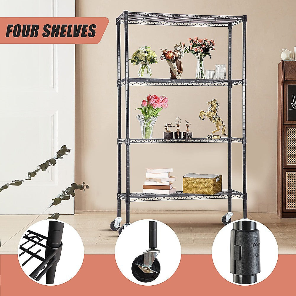 Modular Wire Storage 90x45cm Steel Shelving Black With Wheels For Garage Warehouse Or Kitchen Organisation