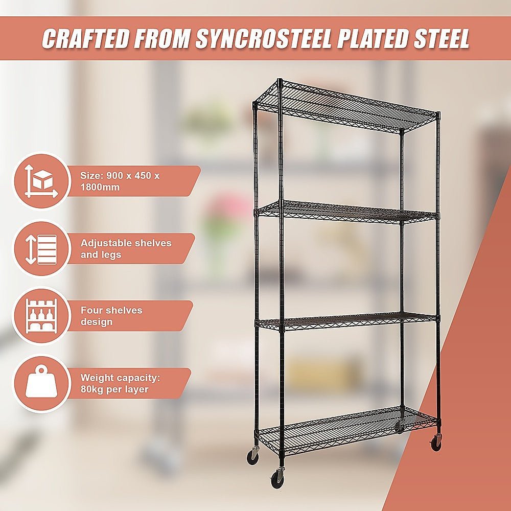 Modular Wire Storage 90x45cm Steel Shelving Black With Wheels For Garage Warehouse Or Kitchen Organisation