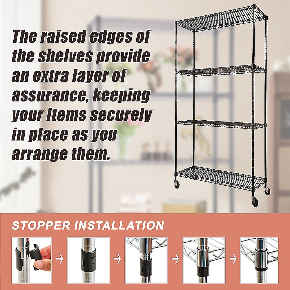 Modular Wire Storage 90x45cm Steel Shelving Black With Wheels For Garage Warehouse Or Kitchen Organisation