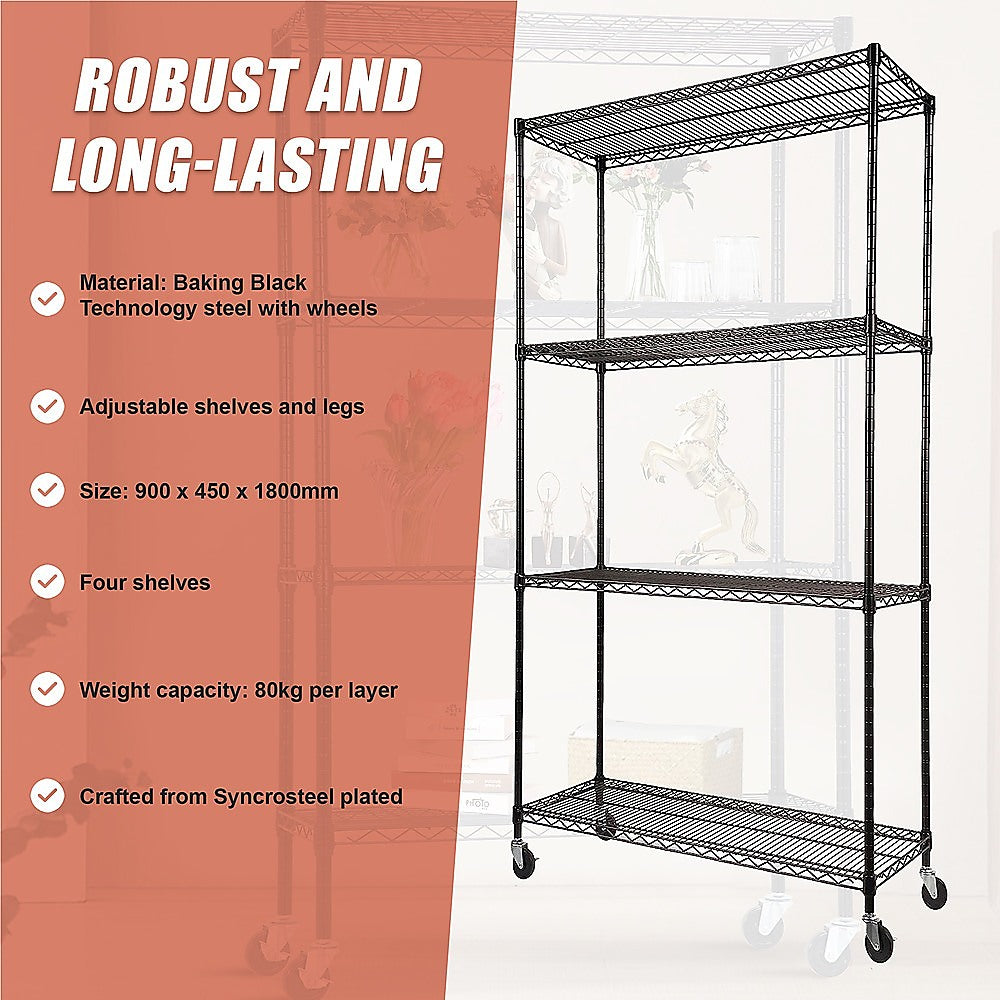 Modular Wire Storage 90x45cm Steel Shelving Black With Wheels For Garage Warehouse Or Kitchen Organisation