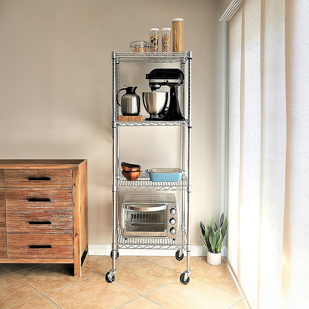 Modular Wire Storage 35x35cm Steel Shelving Chrome With Wheels For Garage Warehouse Or Kitchen Organisation