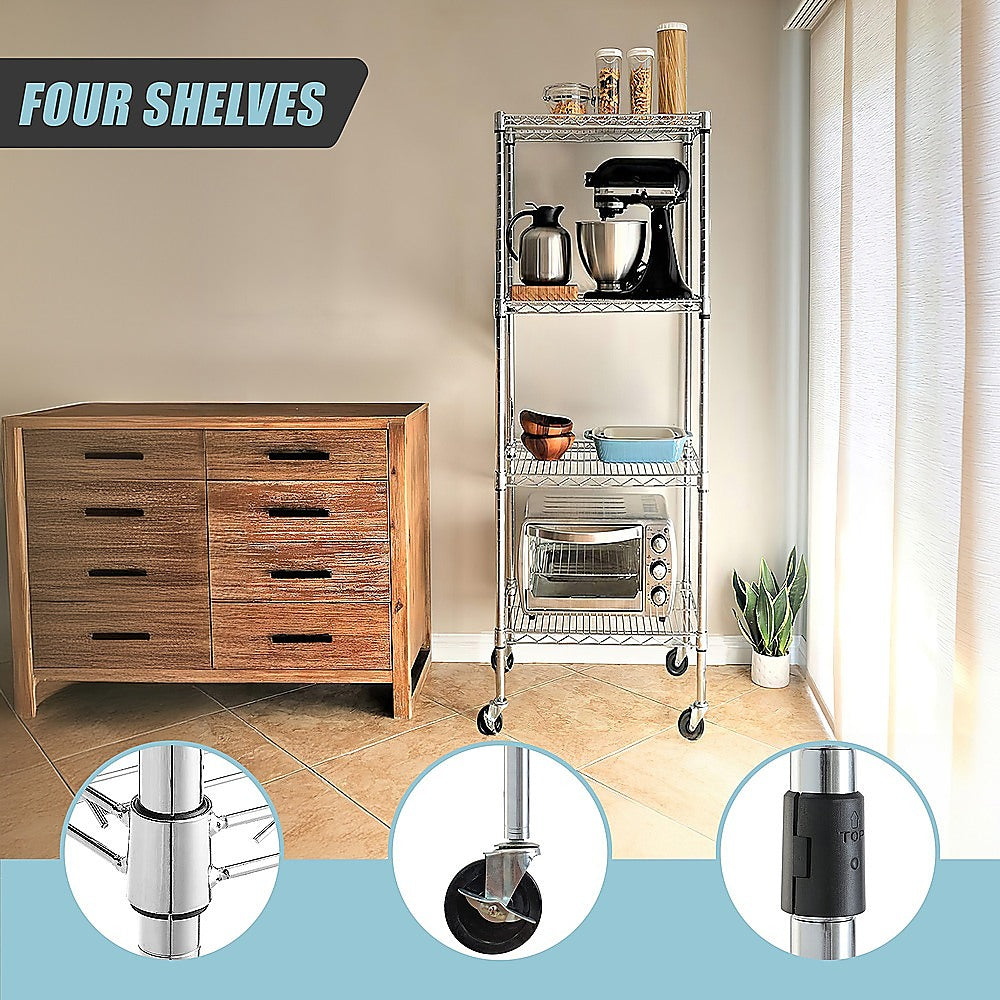 Modular Wire Storage 35x35cm Steel Shelving Chrome With Wheels For Garage Warehouse Or Kitchen Organisation