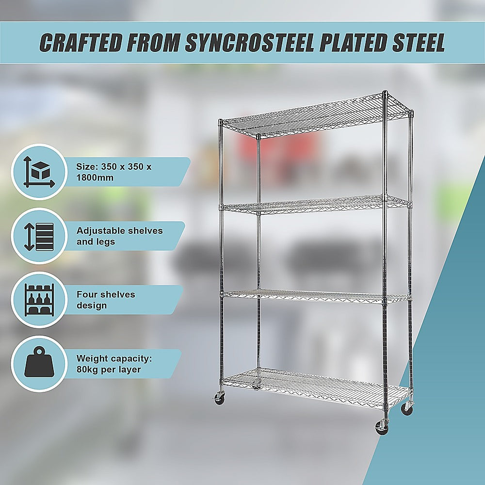 Modular Wire Storage 35x35cm Steel Shelving Chrome With Wheels For Garage Warehouse Or Kitchen Organisation
