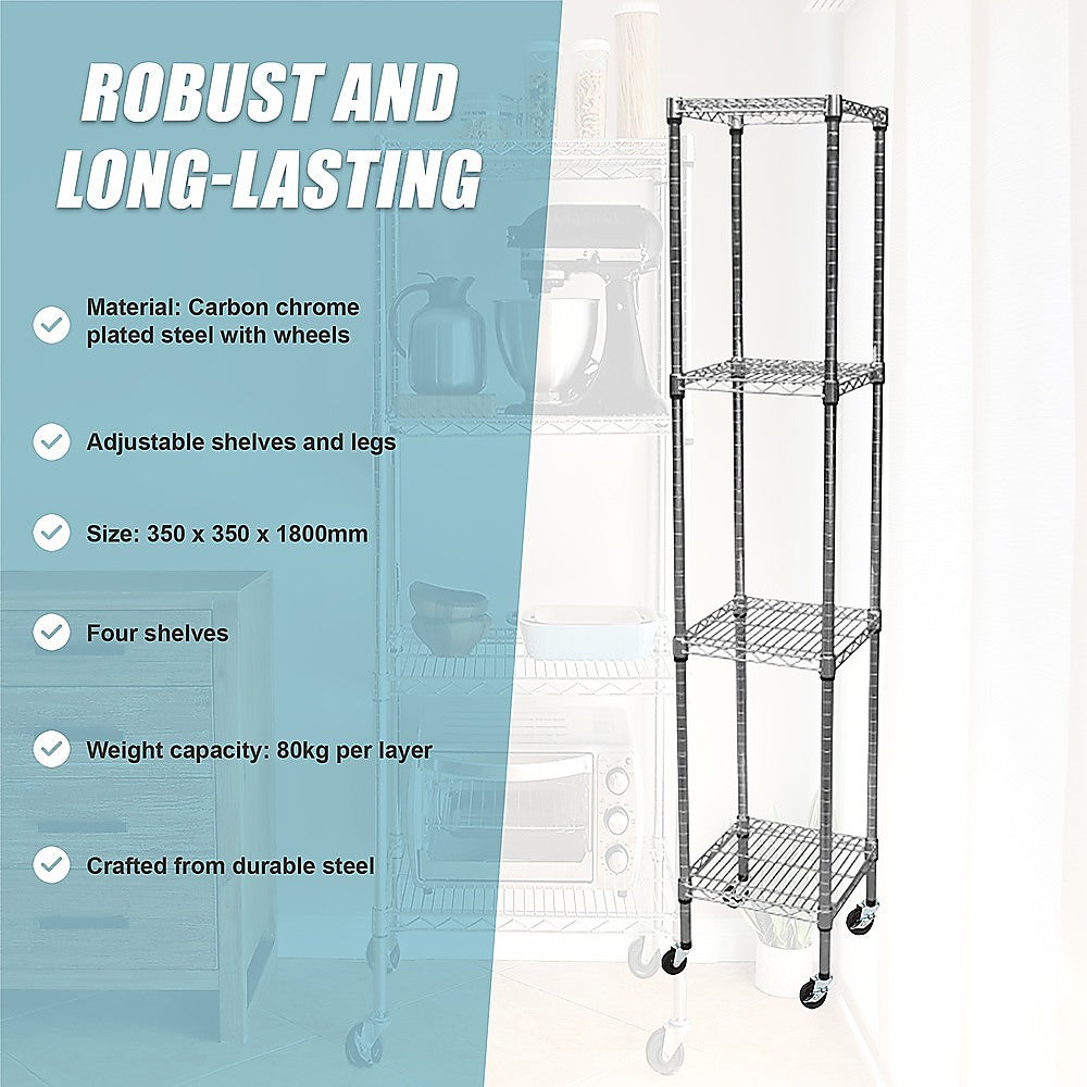 Modular Wire Storage 35x35cm Steel Shelving Chrome With Wheels For Garage Warehouse Or Kitchen Organisation