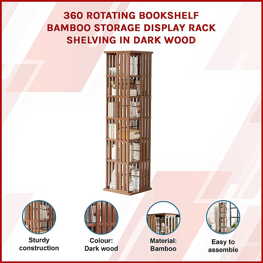 360 Rotating Bookshelf Bamboo Storage Display Rack Shelving