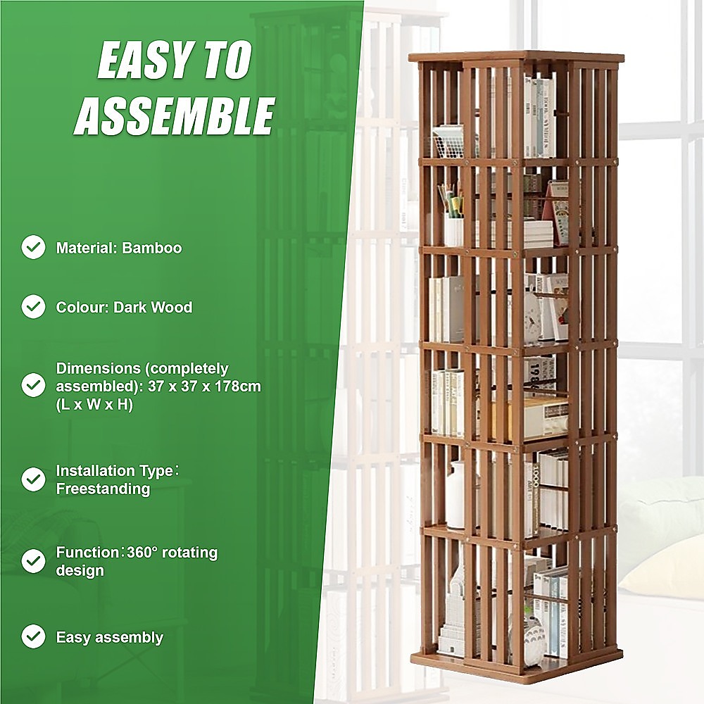 360 Rotating Bookshelf Bamboo Storage Display Rack Shelving