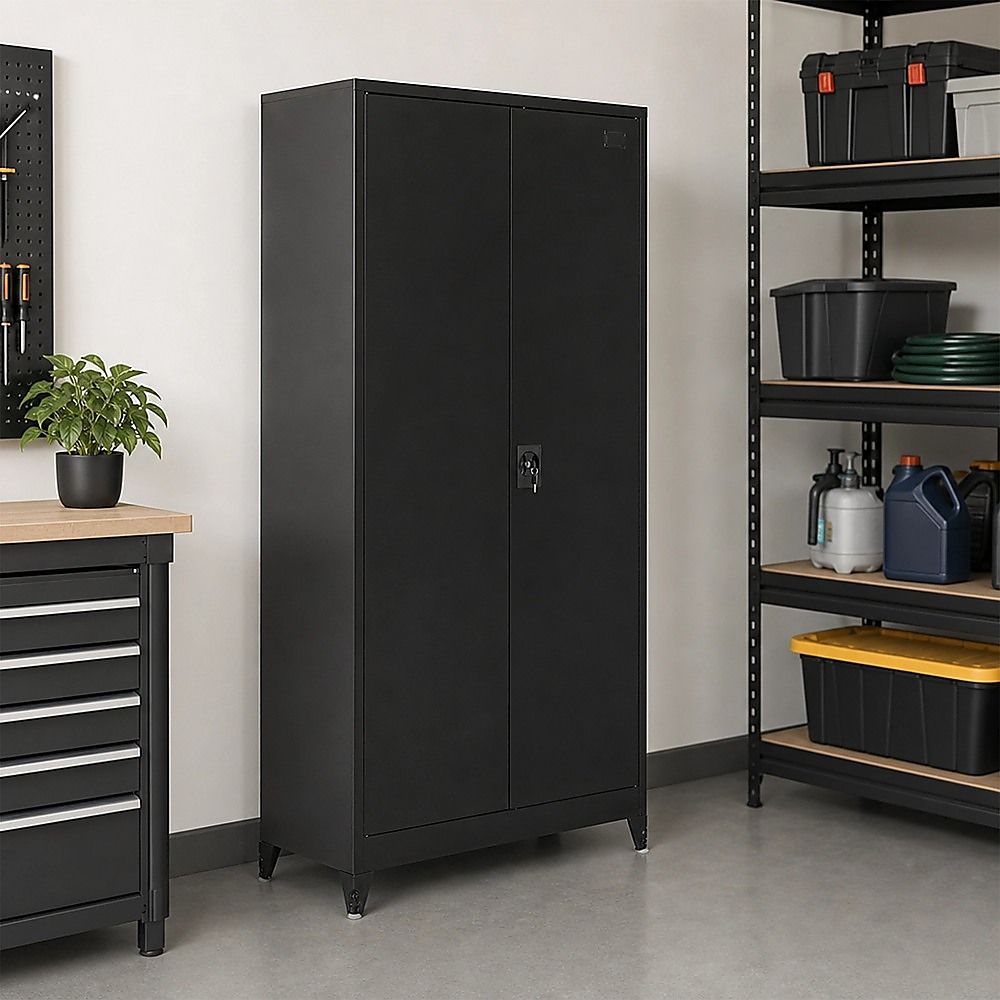 Black Two Door Metal Storage Cabinet with Legs Adjustable Shelf Lockable Steel Cupboard for Home Office Gym