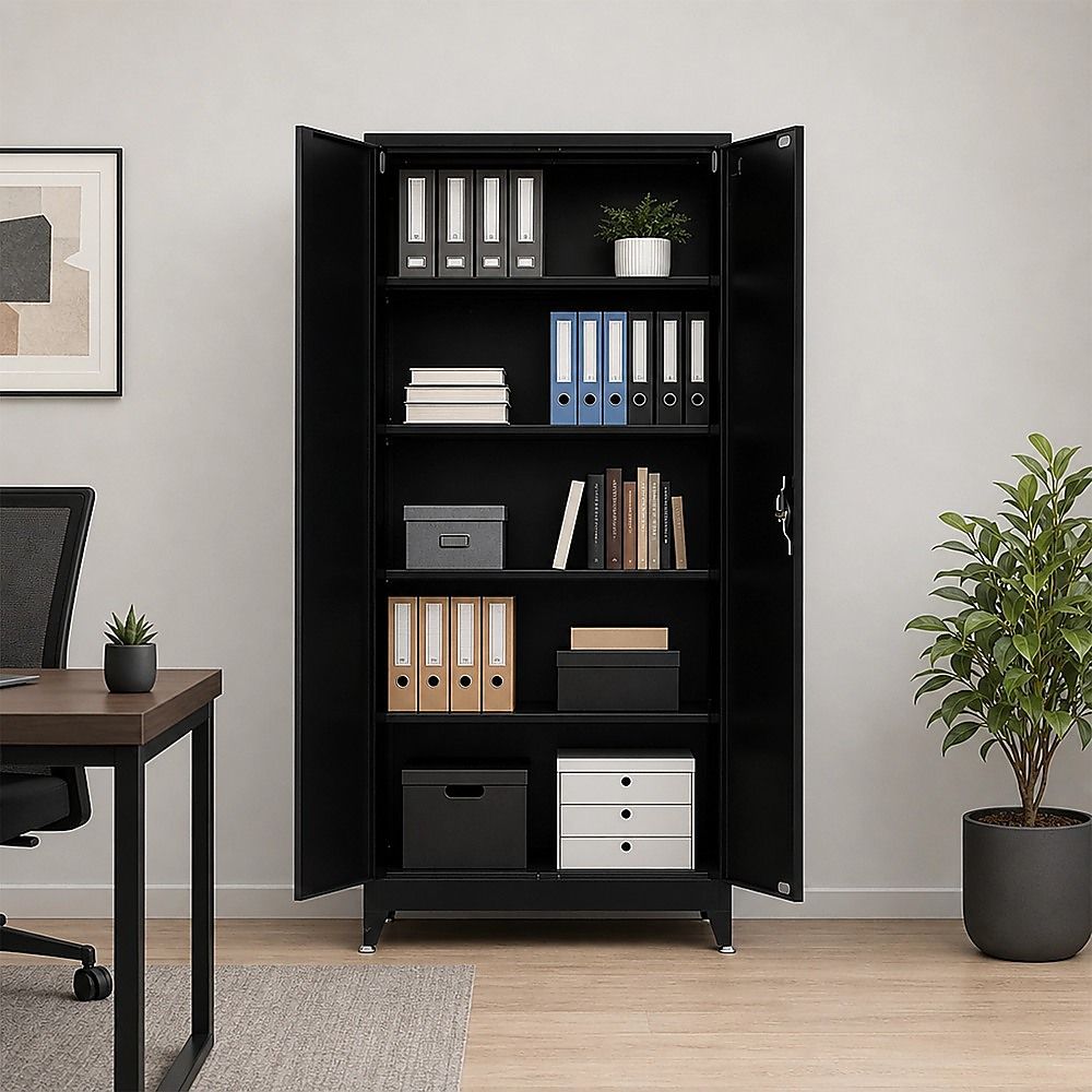 Black Two Door Metal Storage Cabinet with Legs Adjustable Shelf Lockable Steel Cupboard for Home Office Gym