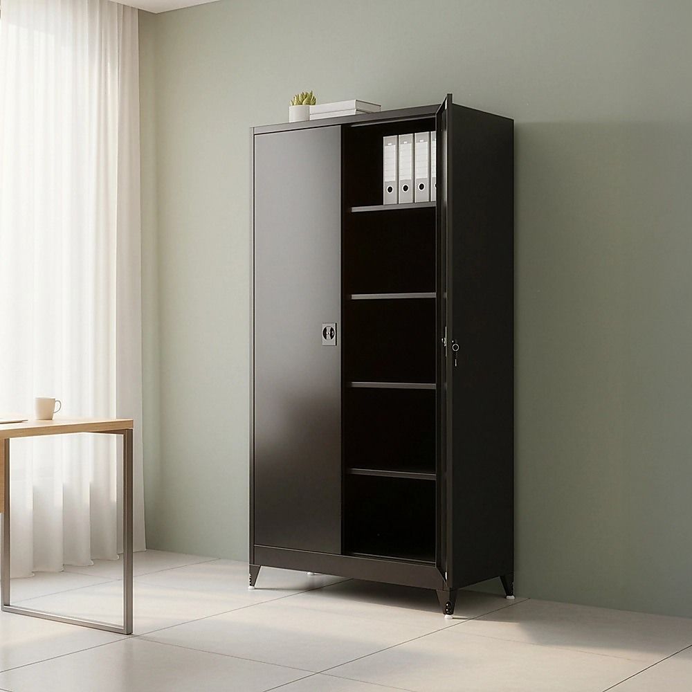 Black Two Door Metal Storage Cabinet with Legs Adjustable Shelf Lockable Steel Cupboard for Home Office Gym