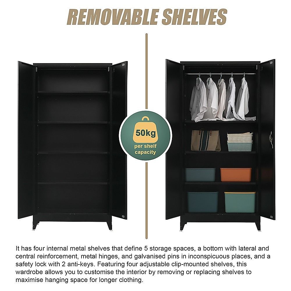 Black Two Door Metal Storage Cabinet with Legs Adjustable Shelf Lockable Steel Cupboard for Home Office Gym