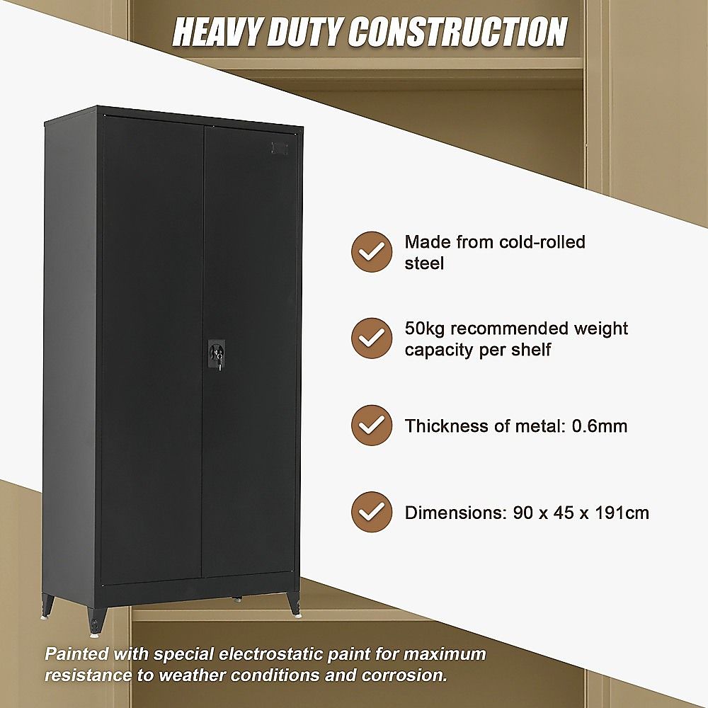 Black Two Door Metal Storage Cabinet with Legs Adjustable Shelf Lockable Steel Cupboard for Home Office Gym