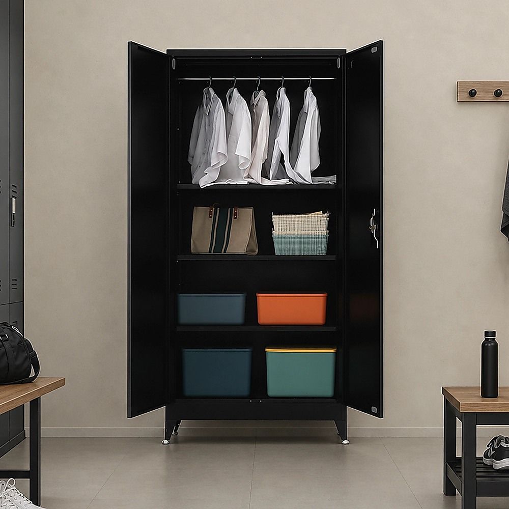 Black Two Door Metal Storage Cabinet with Legs Adjustable Shelf Lockable Steel Cupboard for Home Office Gym
