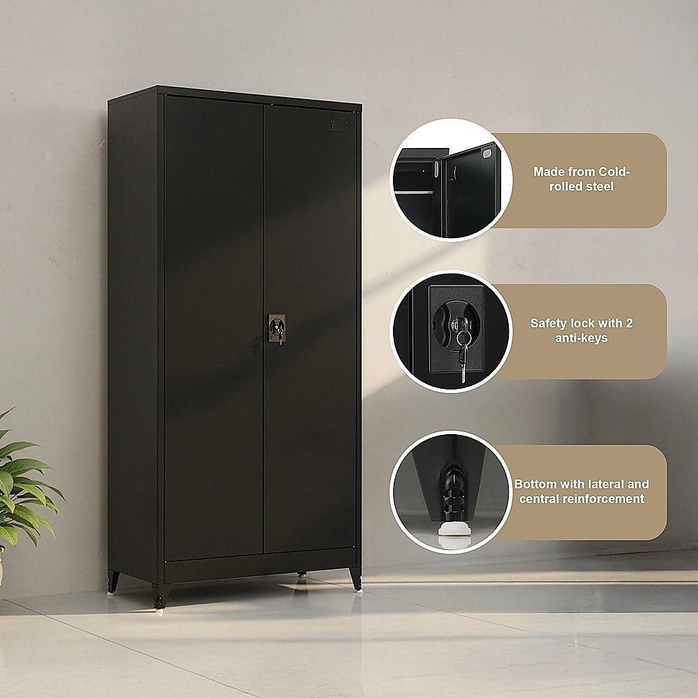 Black Two Door Metal Storage Cabinet with Legs Adjustable Shelf Lockable Steel Cupboard for Home Office Gym
