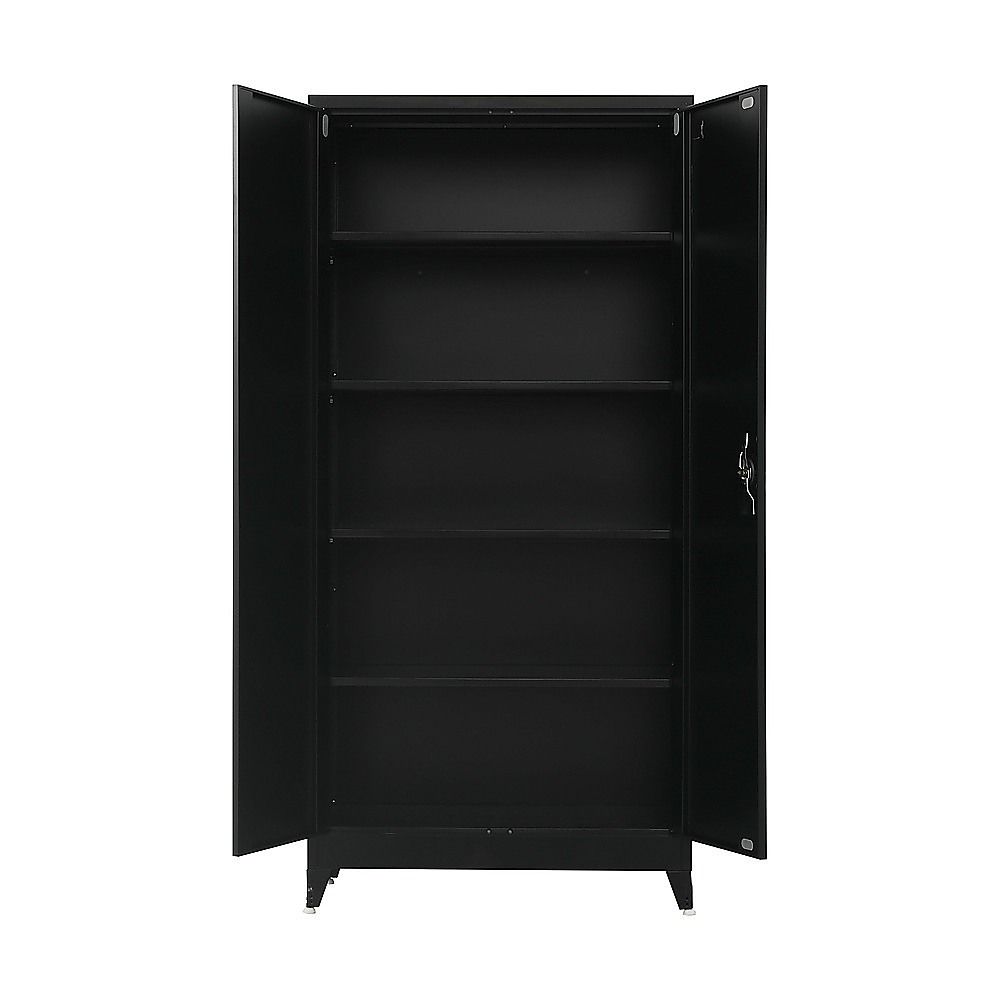 Black Two Door Metal Storage Cabinet with Legs Adjustable Shelf Lockable Steel Cupboard for Home Office Gym