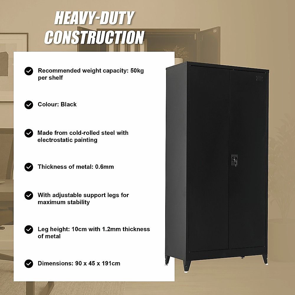 Black Two Door Metal Storage Cabinet with Legs Adjustable Shelf Lockable Steel Cupboard for Home Office Gym