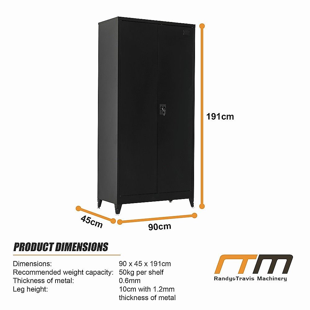 Black Two Door Metal Storage Cabinet with Legs Adjustable Shelf Lockable Steel Cupboard for Home Office Gym