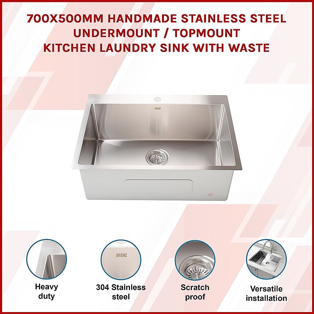 700x500mm Handmade Stainless Steel Undermount / Topmount Kitchen Laundry Sink with Waste