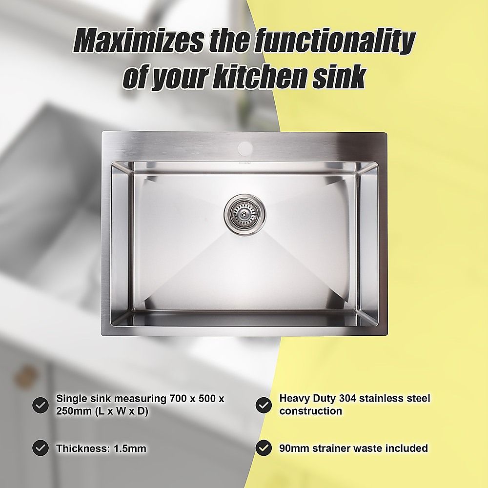 700x500mm Handmade Stainless Steel Undermount / Topmount Kitchen Laundry Sink with Waste
