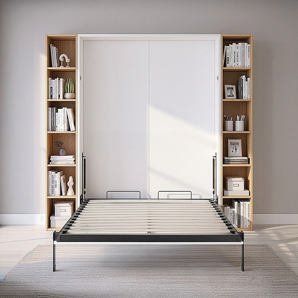 Double Wall Bed in White Gloss – Space Saving Murphy Bed Kit with Silver Door Handle