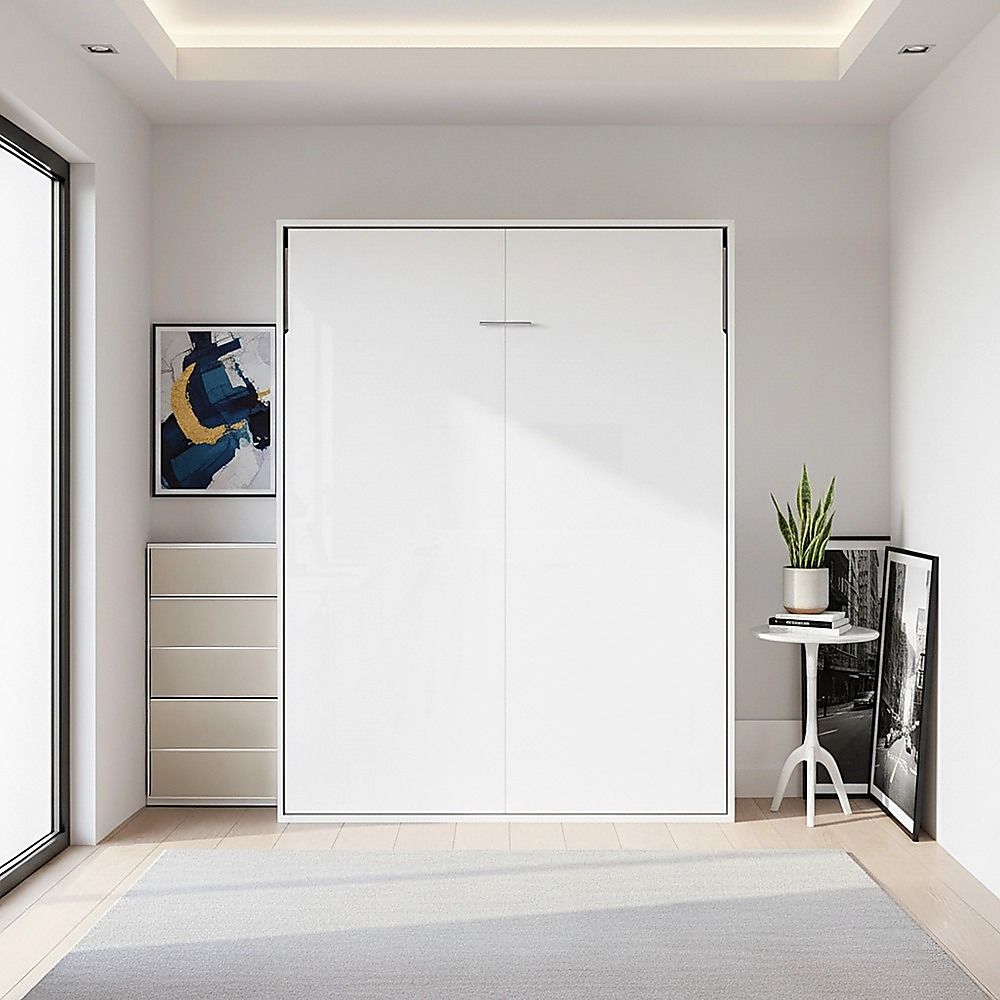 Double Wall Bed in White Gloss – Space Saving Murphy Bed Kit with Black Door Handle