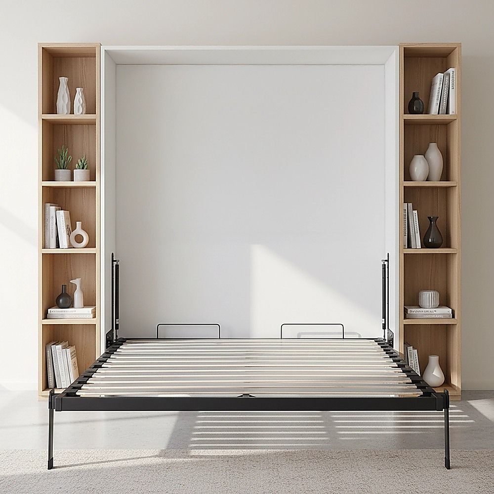 Double Wall Bed in White Gloss – Space Saving Murphy Bed Kit with Gold Door Handle