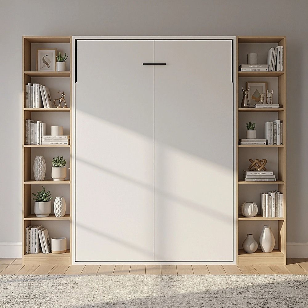 Double Wall Bed in White – Space Saving Murphy Bed Kit with Silver Door Handle