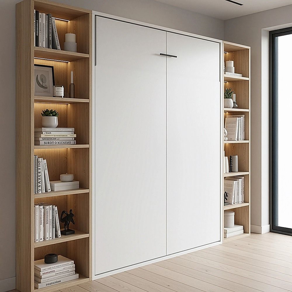 Double Wall Bed in White – Space Saving Murphy Bed Kit with Black Door Handle