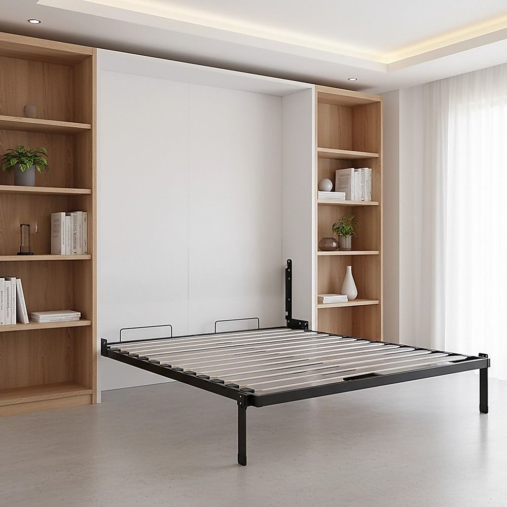 Double Wall Bed in White – Space Saving Murphy Bed Kit with Gold Door Handle