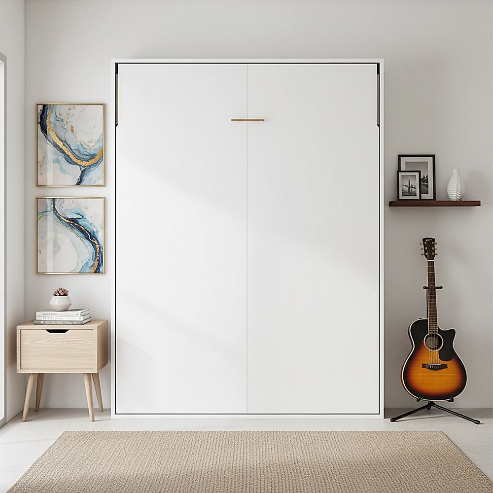 Double Wall Bed in White – Space Saving Murphy Bed Kit with Gold Door Handle