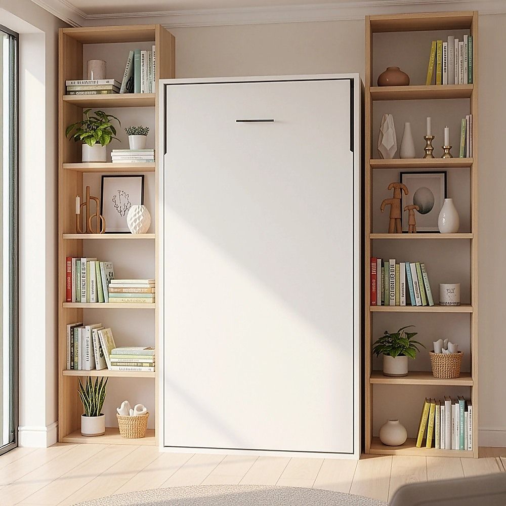 Single Wall Bed in White – Space Saving Murphy Bed Kit with Gold Door Handle