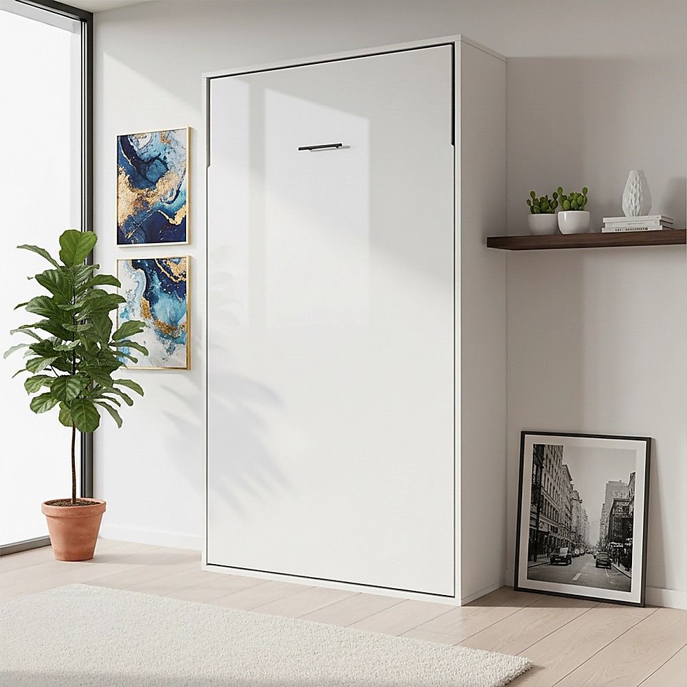 King-single Wall Bed in White Gloss – Space Saving Murphy Bed Kit with Gold Door Handle