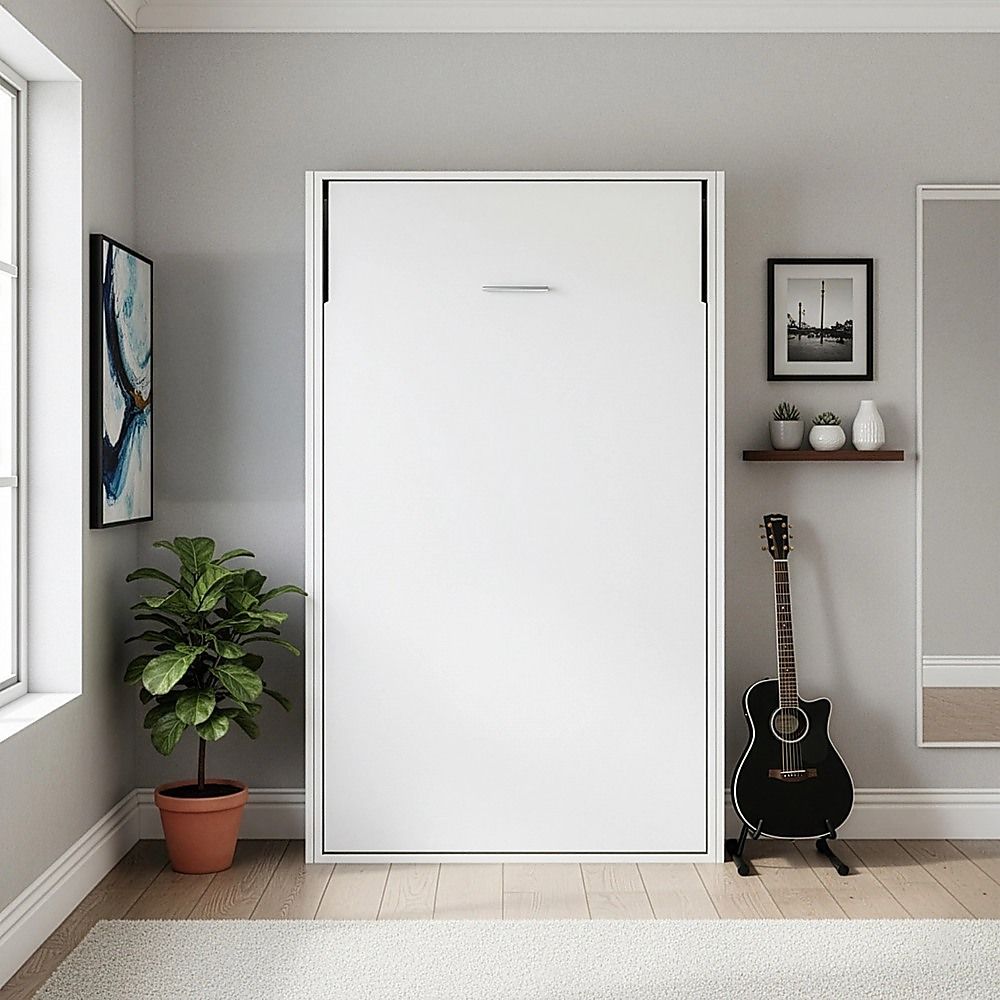 King-single Wall Bed in White – Space Saving Murphy Bed Kit with Black Door Handle