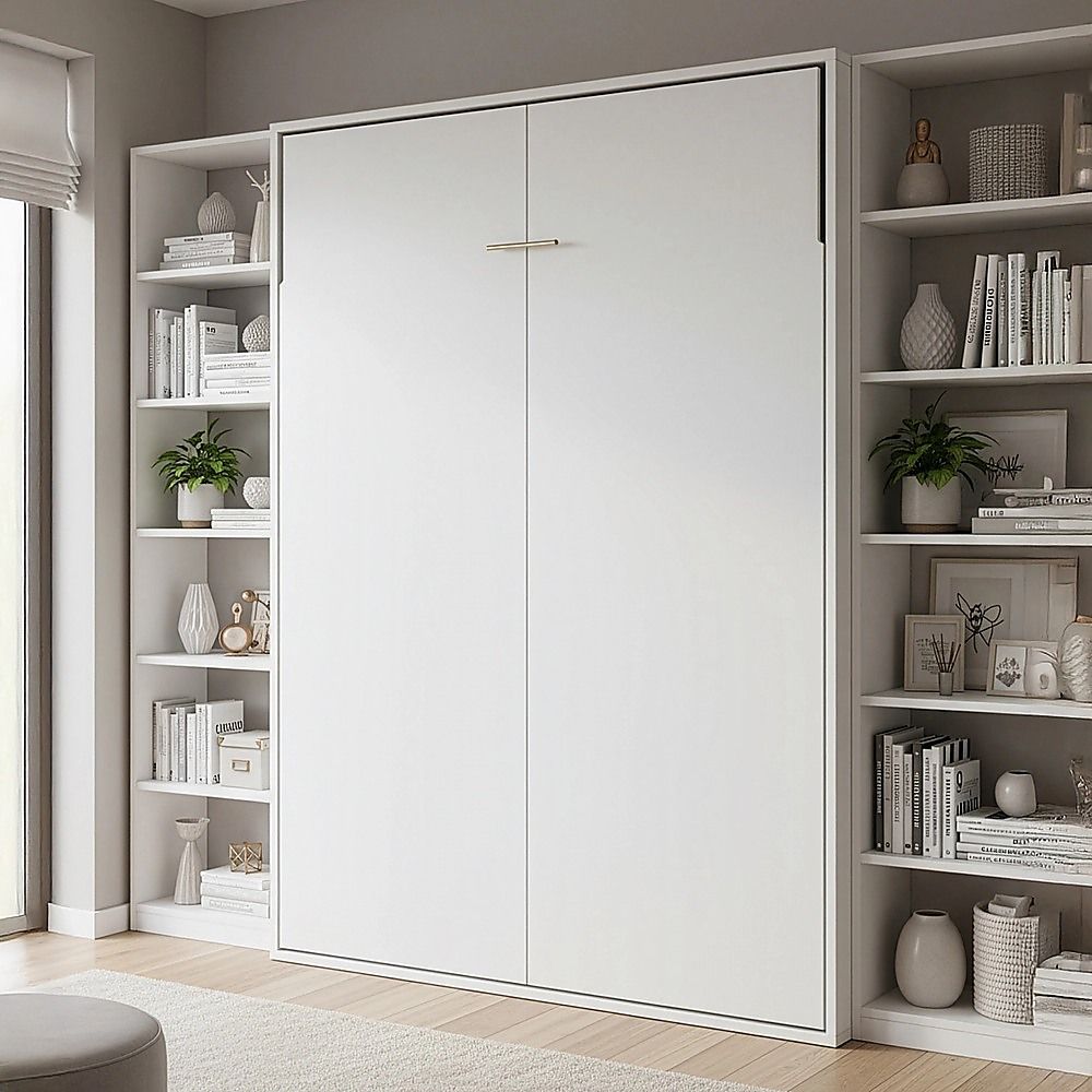 Queen Wall Bed in White – Space Saving Murphy Bed Kit with Silver Door Handle