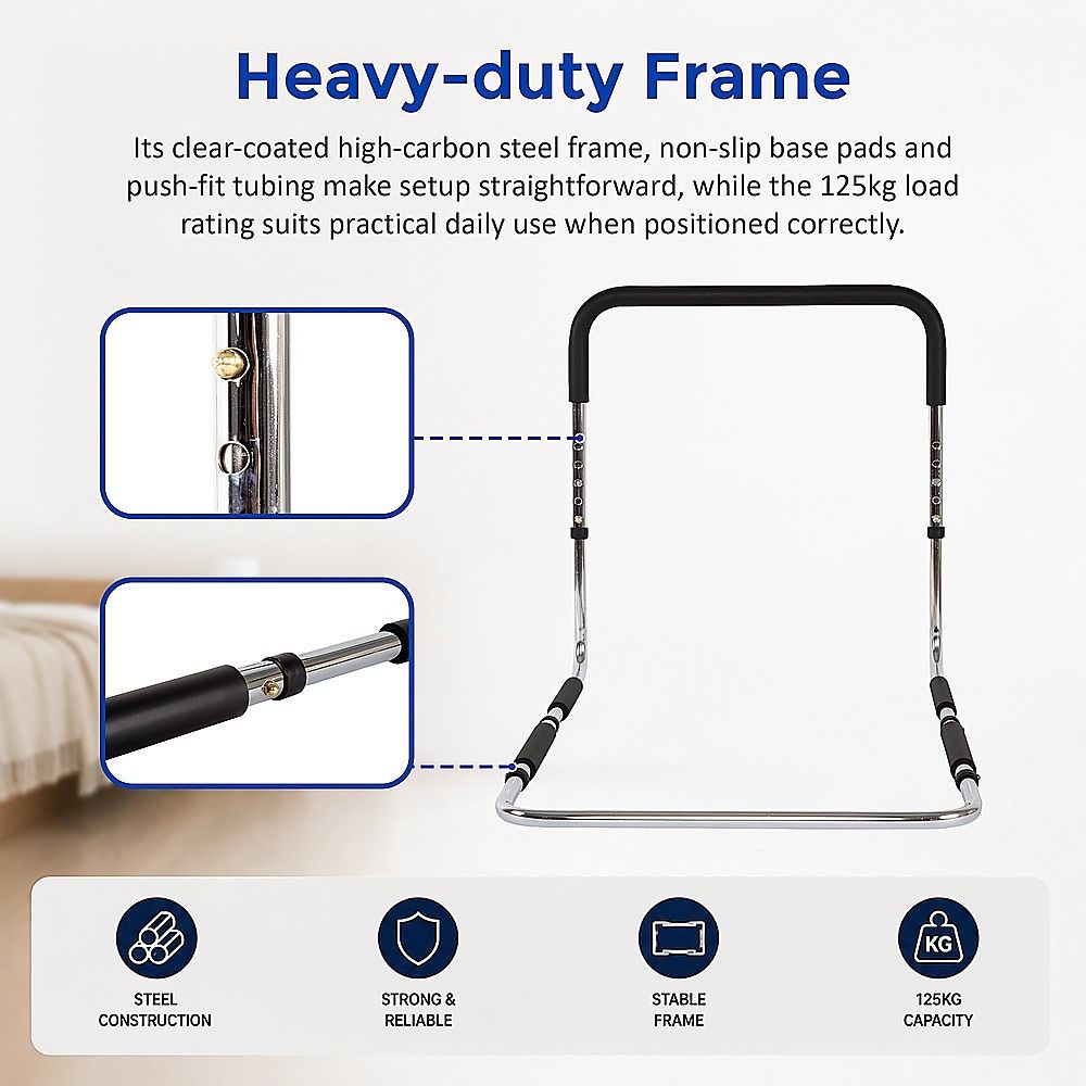 Adjustable Bed Rail with Foam Grip Handle & Under Mattress Frame 125kg Capacity