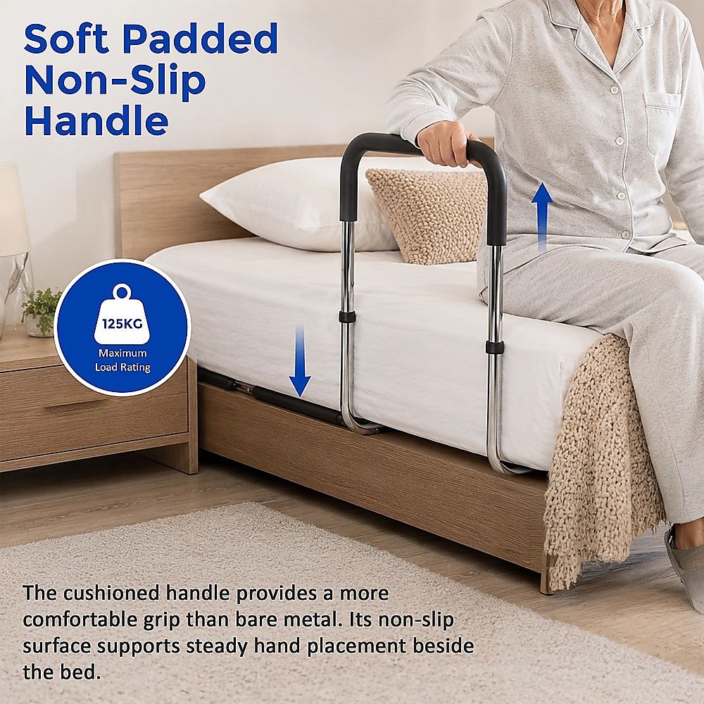 Adjustable Bed Rail with Foam Grip Handle & Under Mattress Frame 125kg Capacity